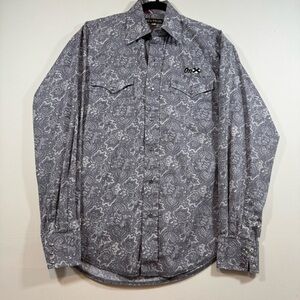 Stetson Western Paisley Snap Shirt S Gray White Cotton OnX Logo Contrast Cuffs‎